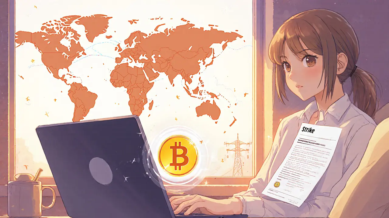 Anime freelancer receiving Bitcoin payment via Strike and paying a bill instantly.