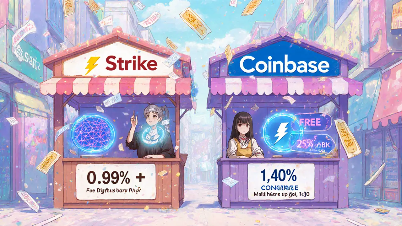 Anime market stalls compare Strike Finance and Coinbase fees with holographic charts.
