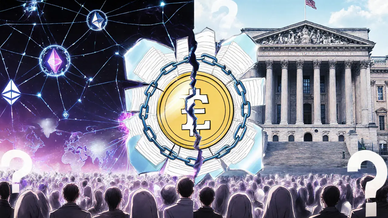 A split scene contrasts global crypto freedom with UK bureaucracy and a government-controlled digital pound.