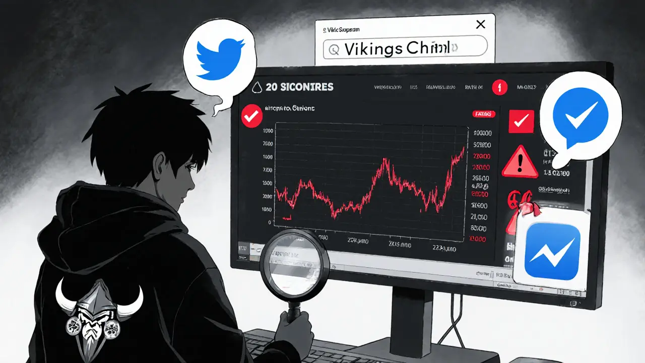 An anime character reviewing VIKC token data on a screen, showing zero trading volume and warning signs.