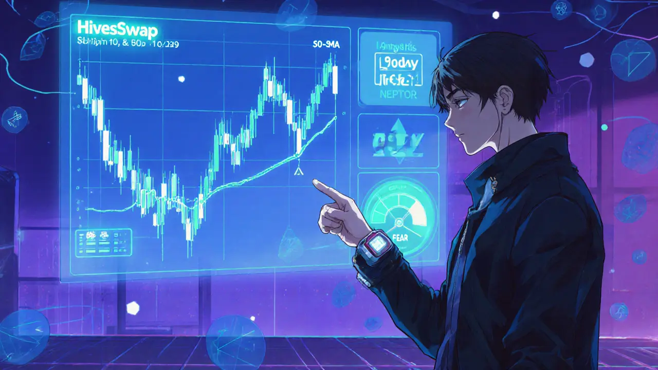 Anime analyst examines holographic HiveSwap chart with SMA lines, RSI gauge, and Fear & Greed index.