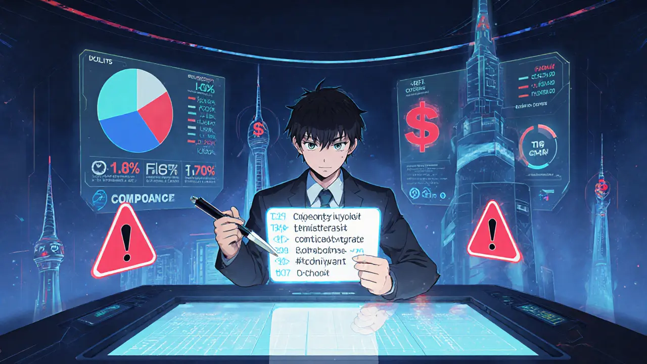 Anime analyst reviewing contract code on a holographic DeFi dashboard with tokenomics charts and warnings.