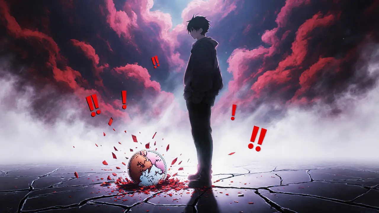 Anime character looks at a broken token amid stormy, warning-filled backdrop.