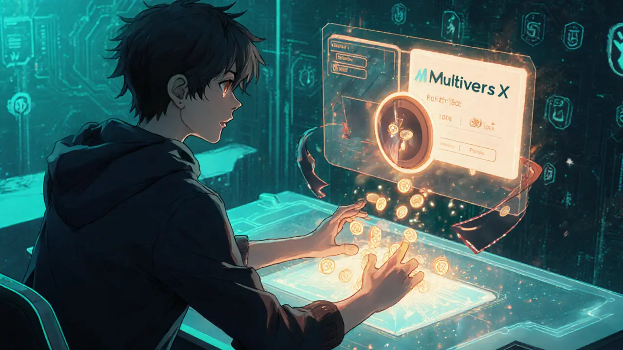Anime character staking glowing PLATA tokens using a holographic wallet.