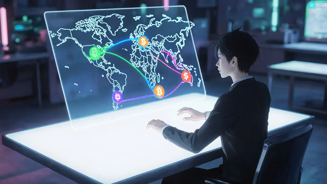 Anime character uses a holographic map to view three blockchain networks.