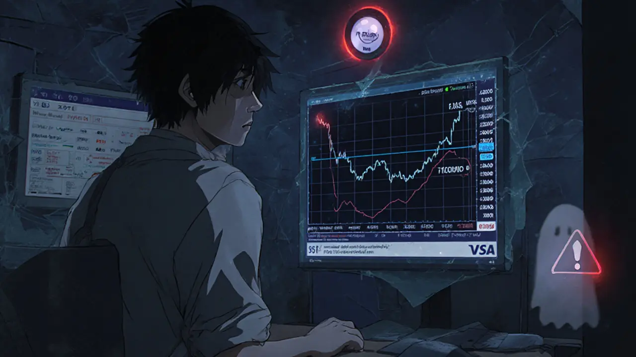 Anime character viewing a dim holographic chart of SHREW token on a deserted exchange platform.