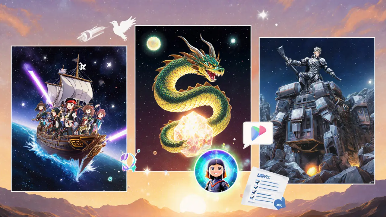 Anime collage of Space Pirates, Dragon Quest, Group Mining, and a glowing NFT hero.
