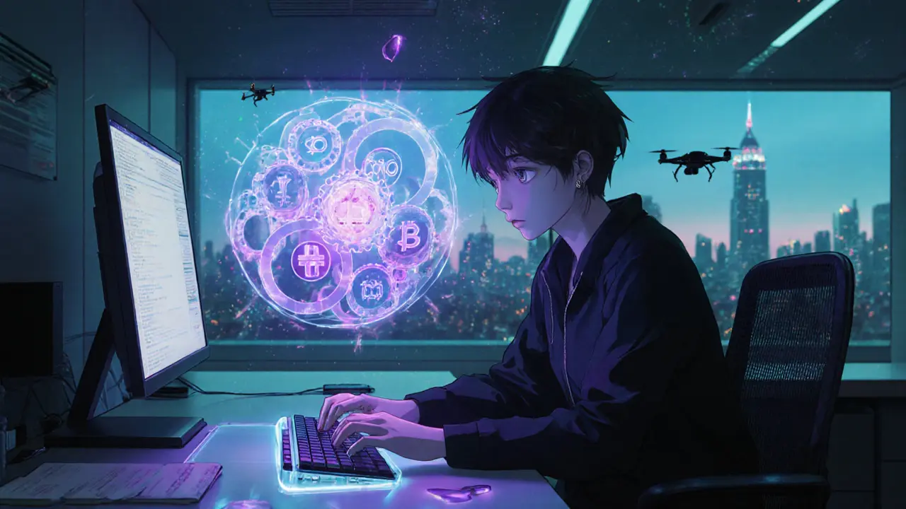 Anime developer working with a holographic hybrid blockchain protecting against double spending.