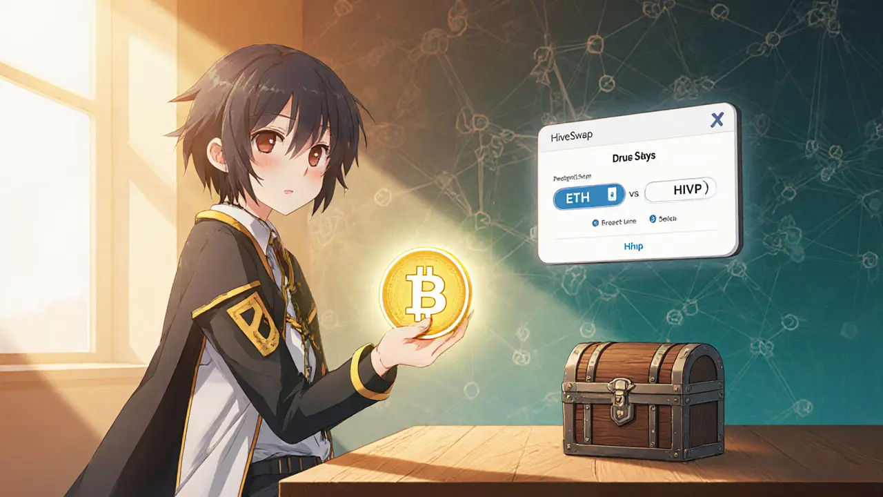 Anime hero holds glowing HiveSwap token beside a hardware wallet with a DEX swap interface.