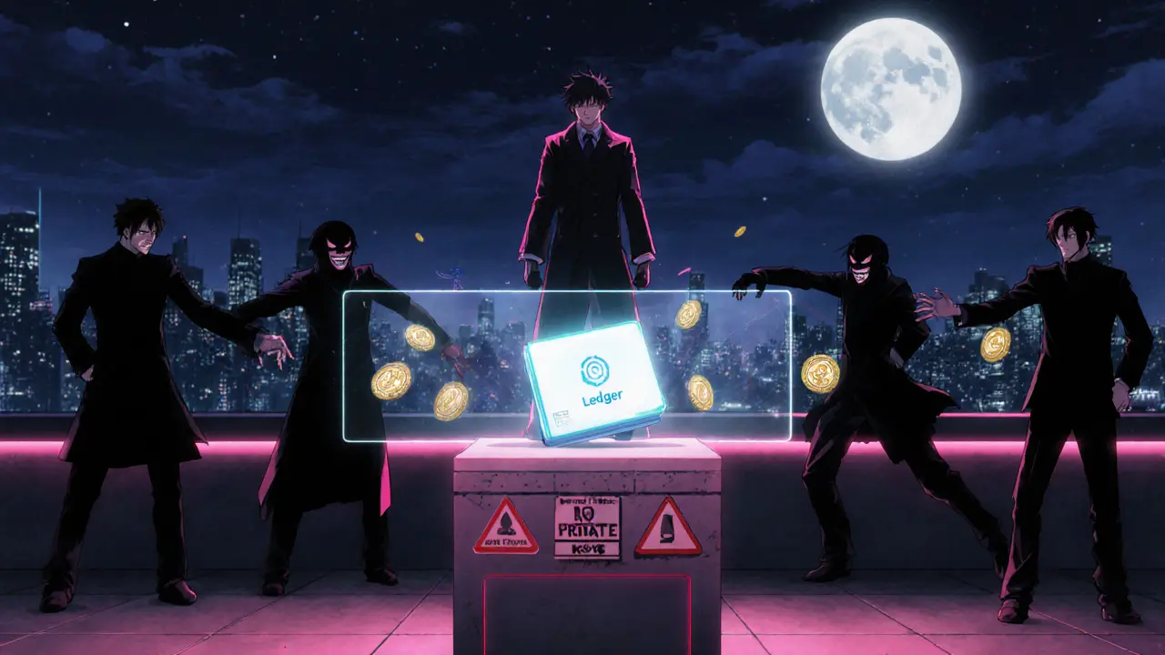 Anime hero on rooftop protecting a hardware wallet from phishing scammers.