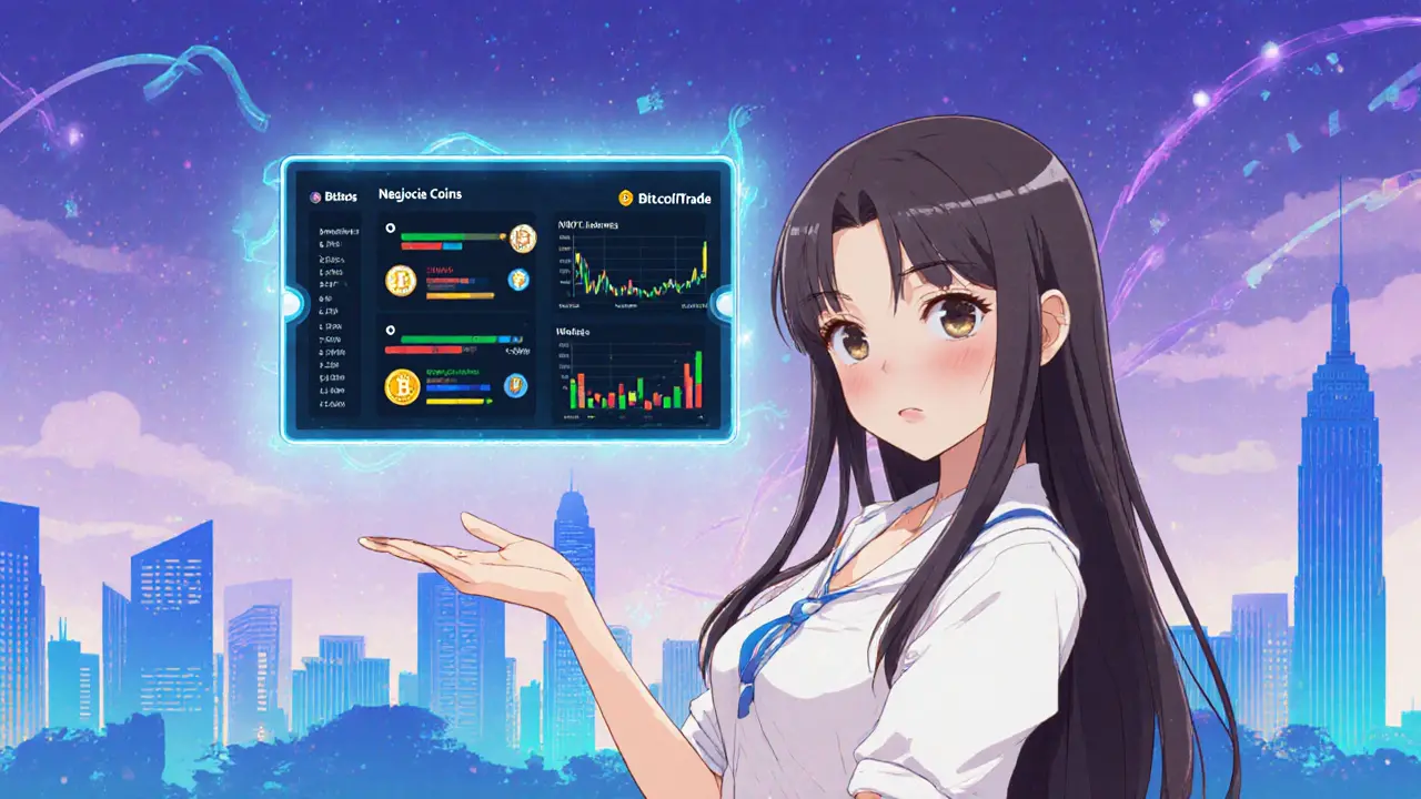 Anime heroine compares Negocie Coins with NovaDAX and BitcoinTrade on a split tablet.