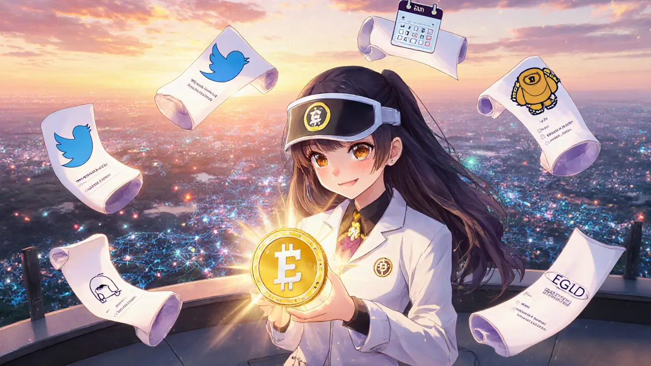 Anime heroine holding a glowing EGLD token amid floating checklist icons and a blockchain backdrop.