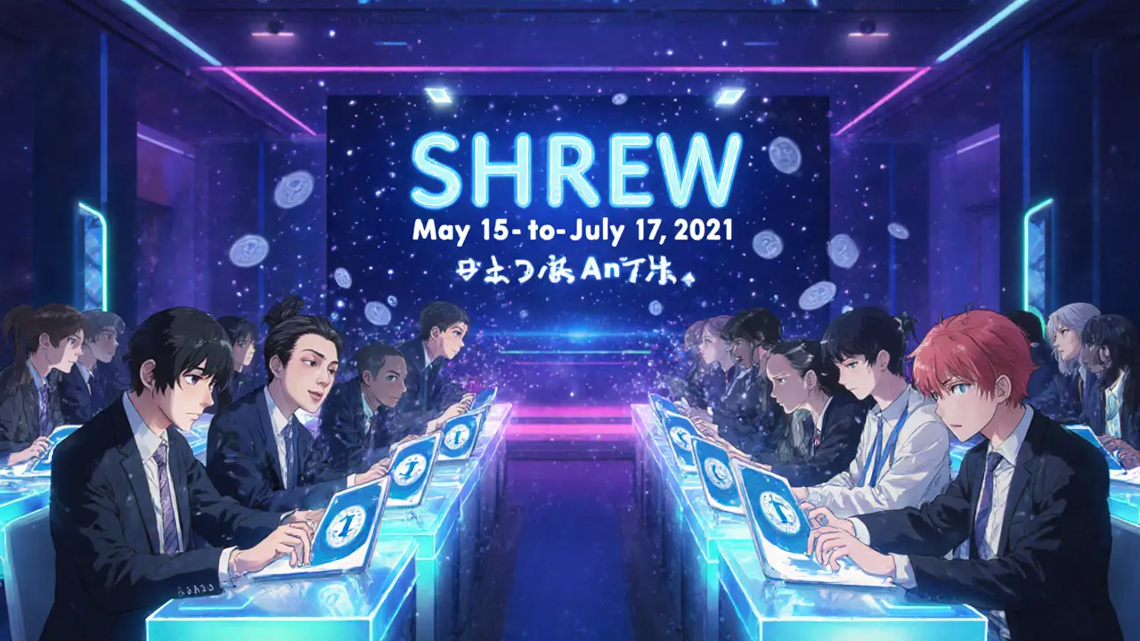 Anime investors at holographic desks during the SHREW ICO, tokens flowing into virtual wallets.