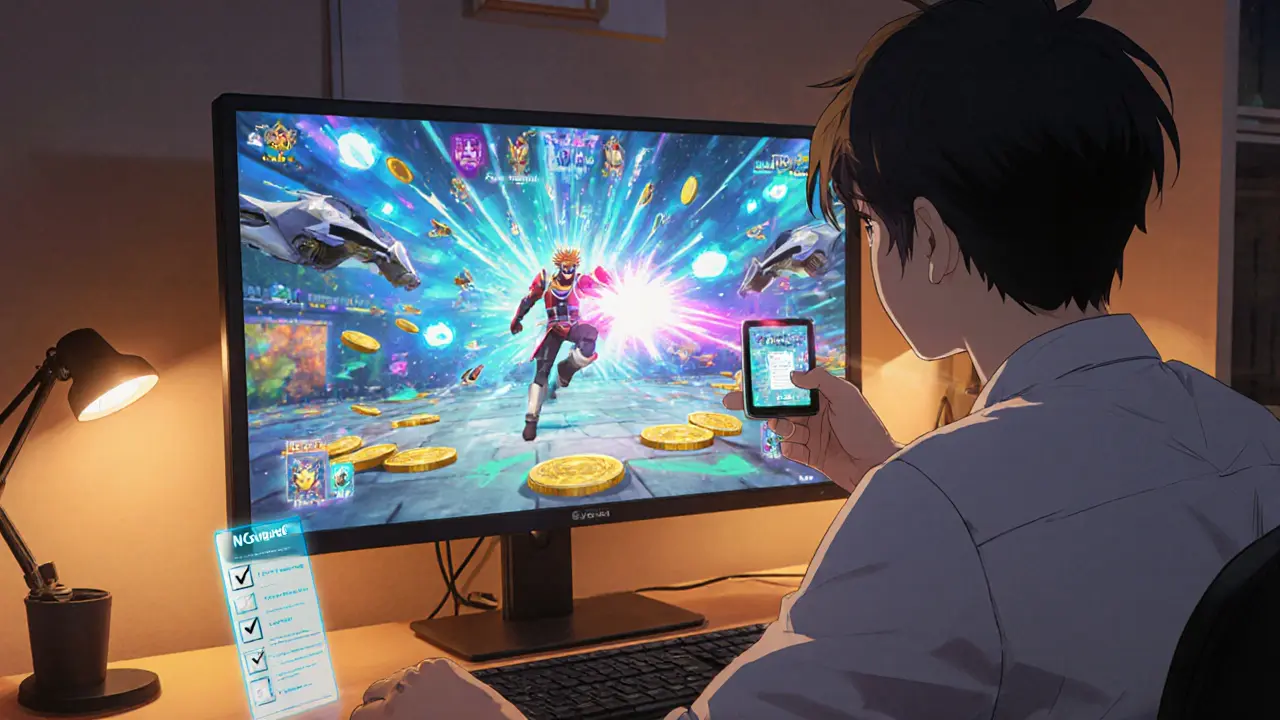 Anime player at a desk connecting a wallet while the Super Hero game battles on screen.