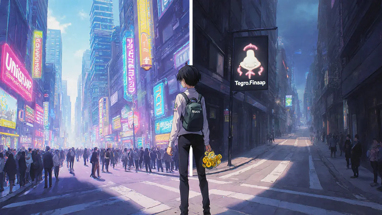 Anime protagonist at a crossroads choosing between big DEX city and quiet Tegro.Finance alley.