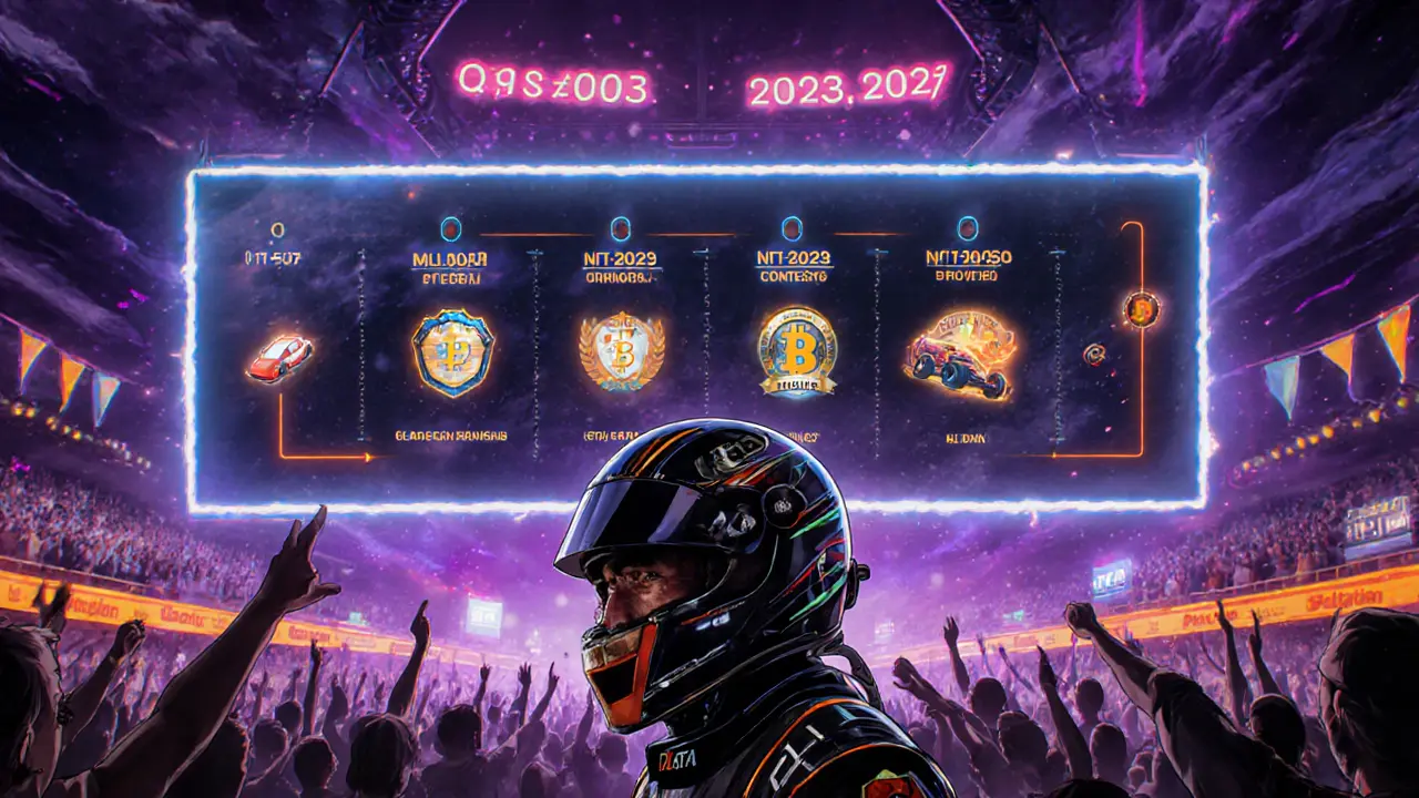 Anime racer beside a digital billboard showing PLATA’s roadmap milestones.