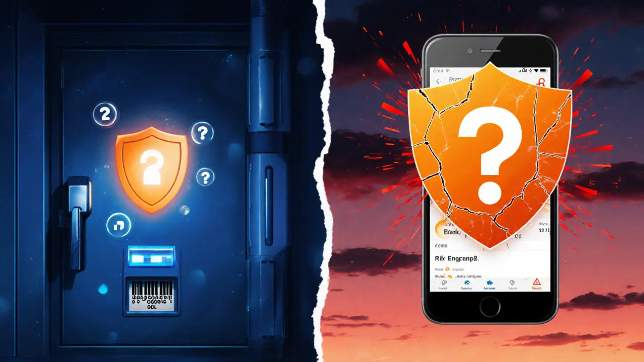Anime split image showing secure vault and risky mobile app with glitches.