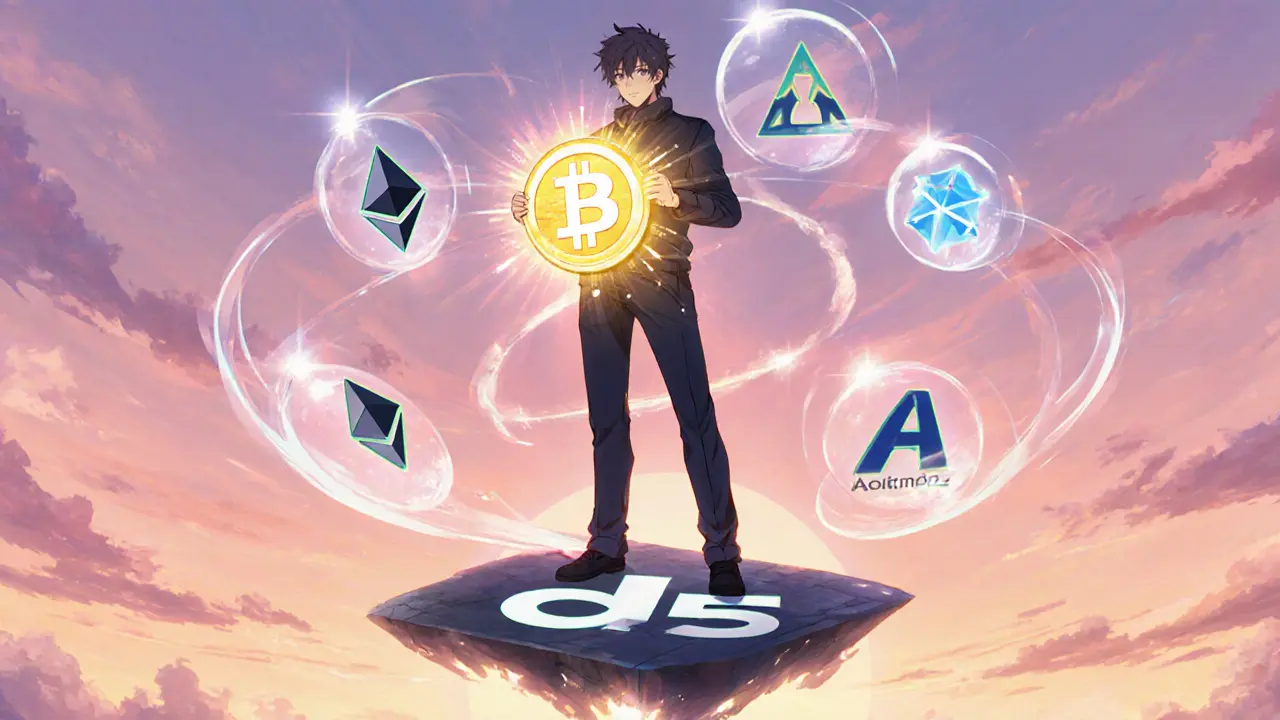 Anime-style trader holding a glowing GDX token surrounded by swirling blockchain network symbols.