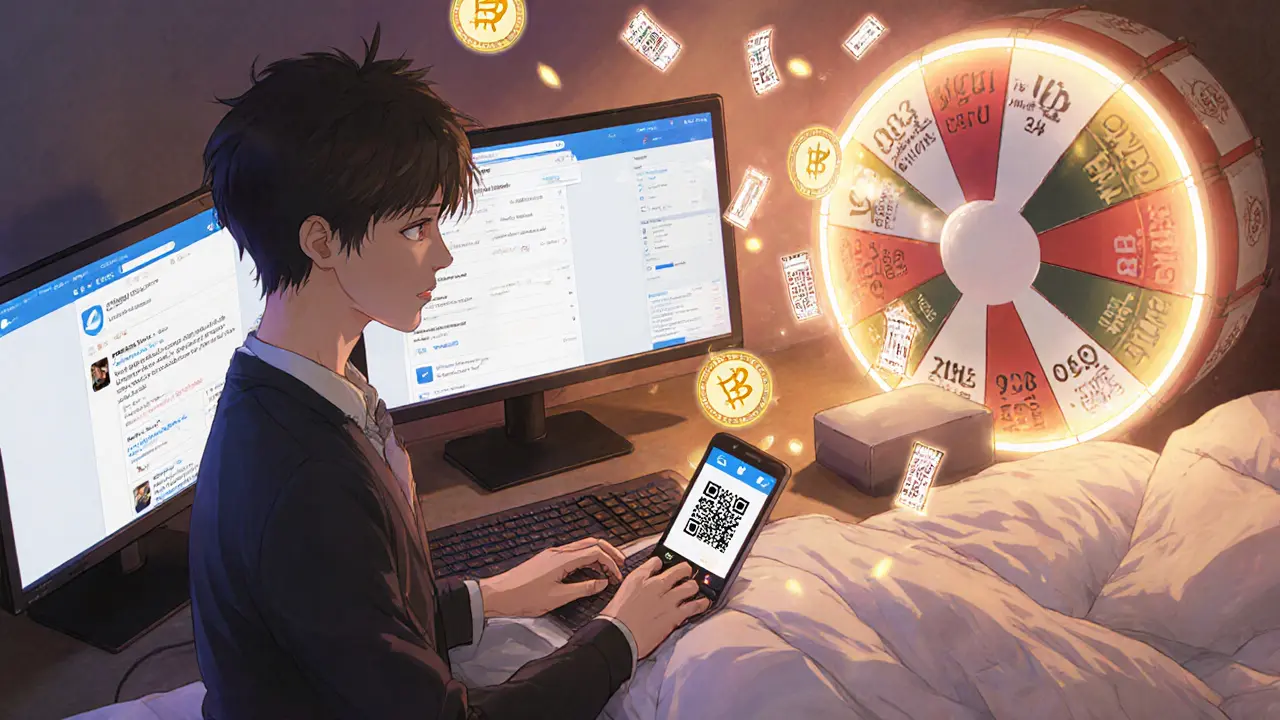 Anime teen using Twitter, Telegram and a form, surrounded by floating ACMD tokens and a lottery drum.