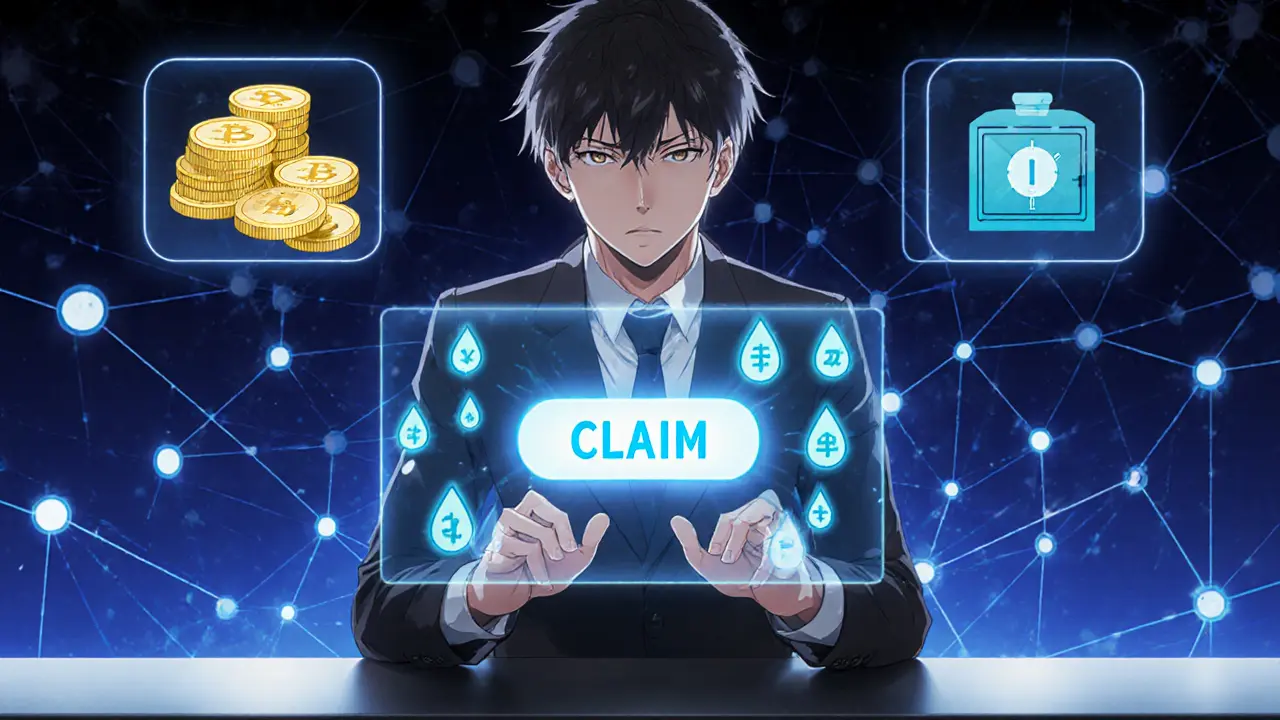 Anime trader hovering over a claim button, with staking tokens and trade icons surrounding them.