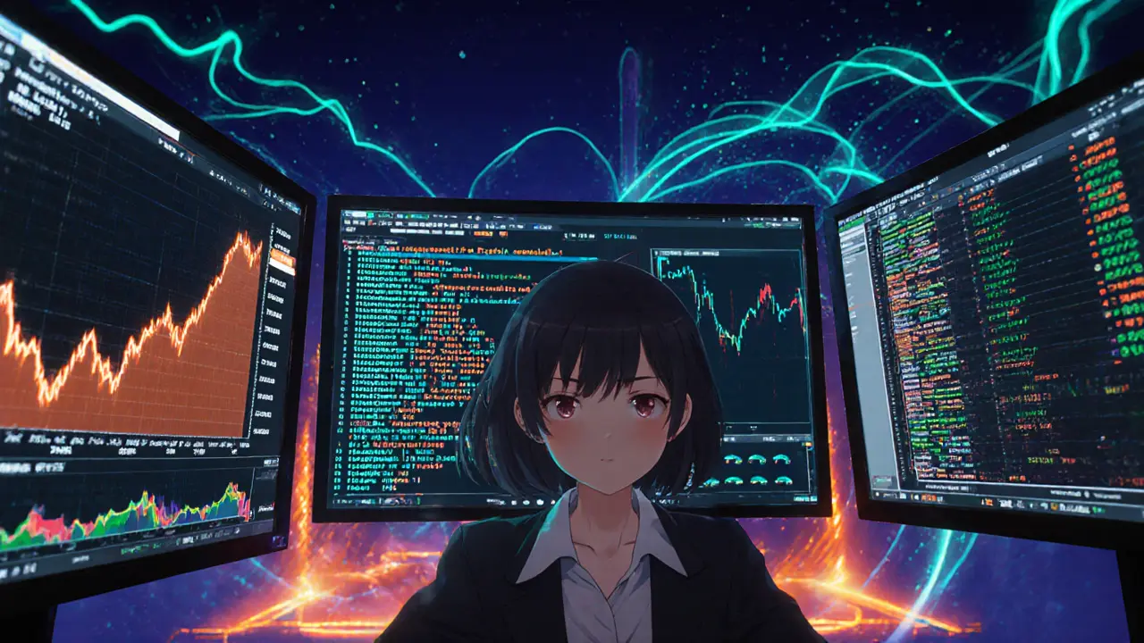 Anime trader monitoring futures charts, API code, and copy‑trading panels.