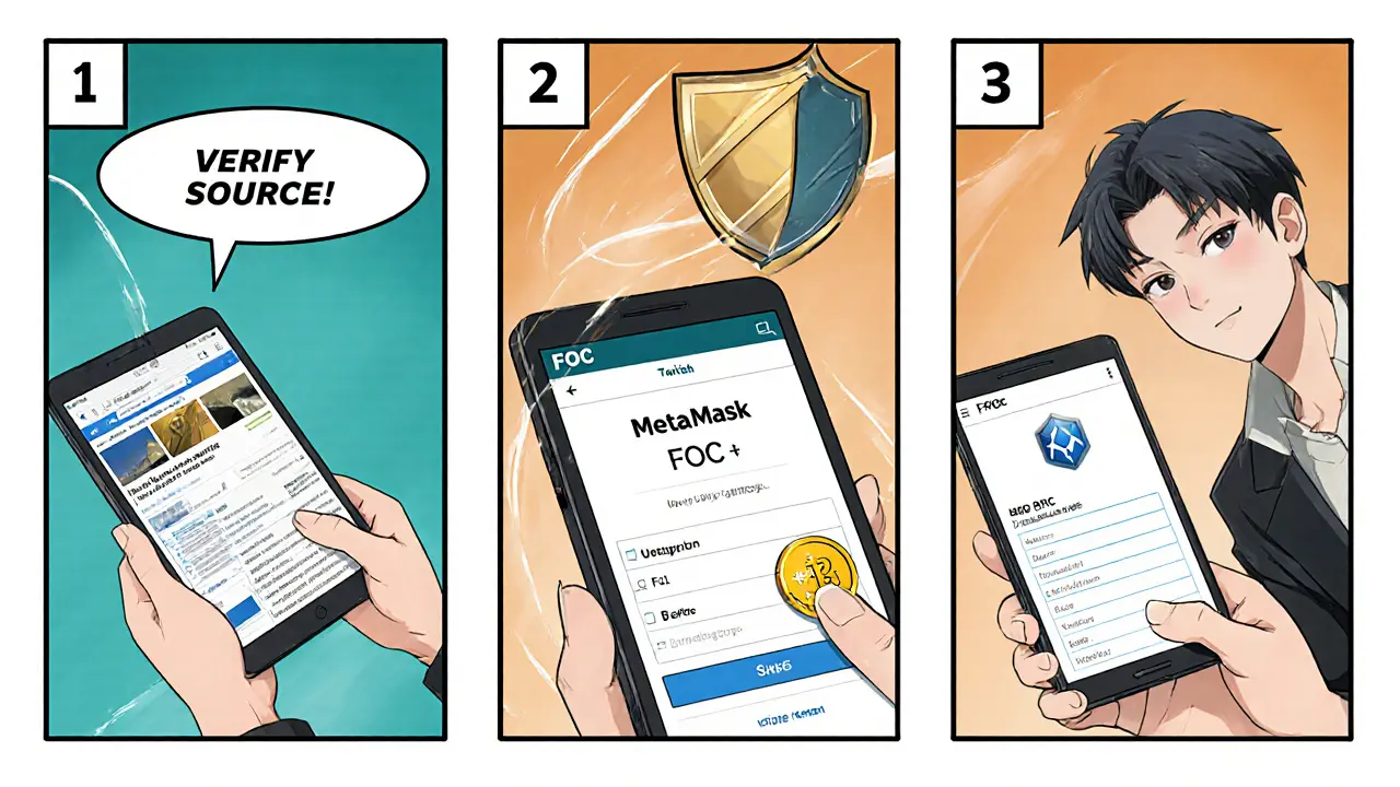 Comic panels showing verification, wallet check, and claim portal for FOC airdrop.