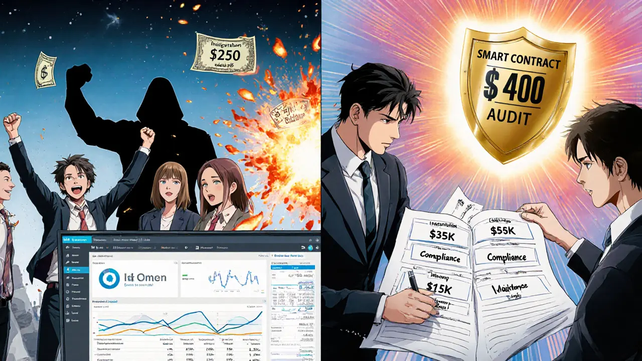 Contrasting anime scenes: a startup shocked by rising fees vs. a corporate team with detailed budget planning.