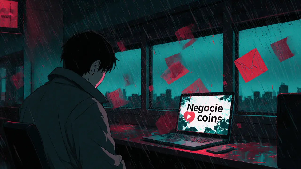 Detective looks at a broken laptop with a fading Negocie Coins logo in a rainy café.