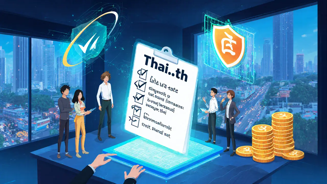 Developers review a Thai‑language crypto interface with checklist and baht coins.
