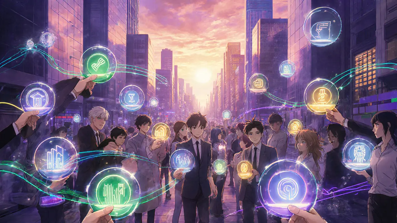 Diverse characters trade glowing security tokens in a futuristic global marketplace.