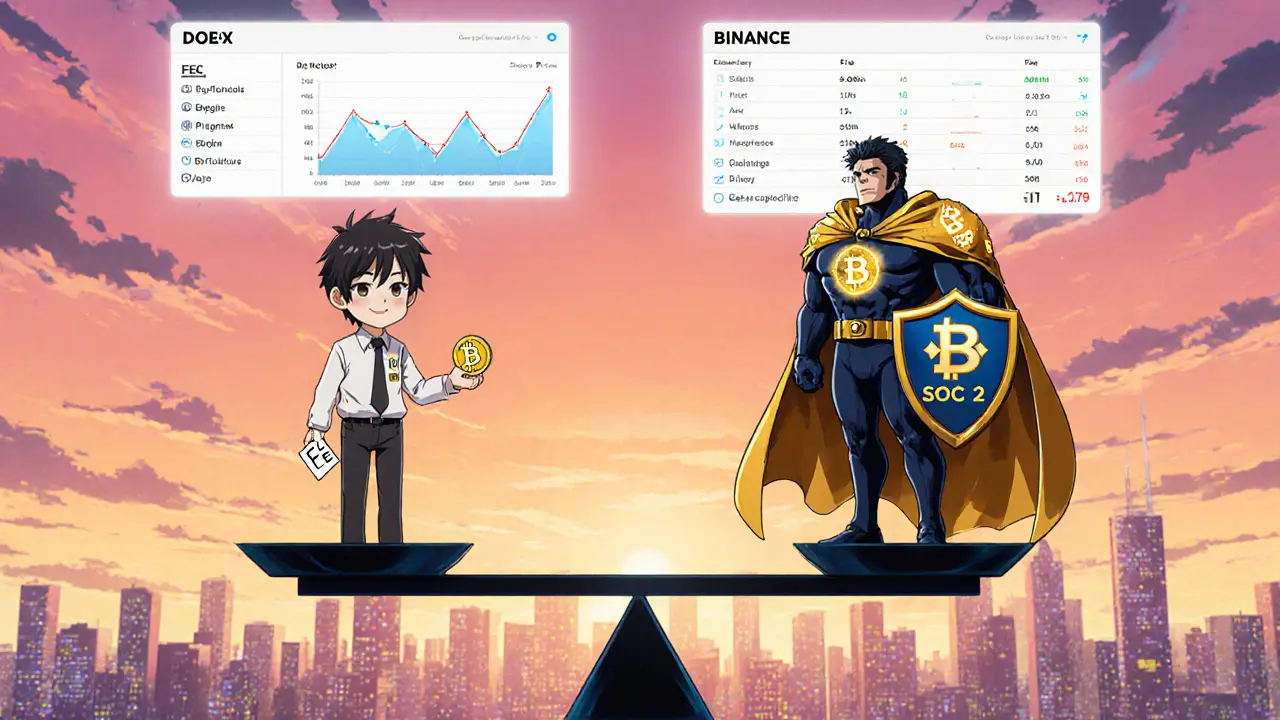 DOEX and Binance characters on a scale comparing features and risk.