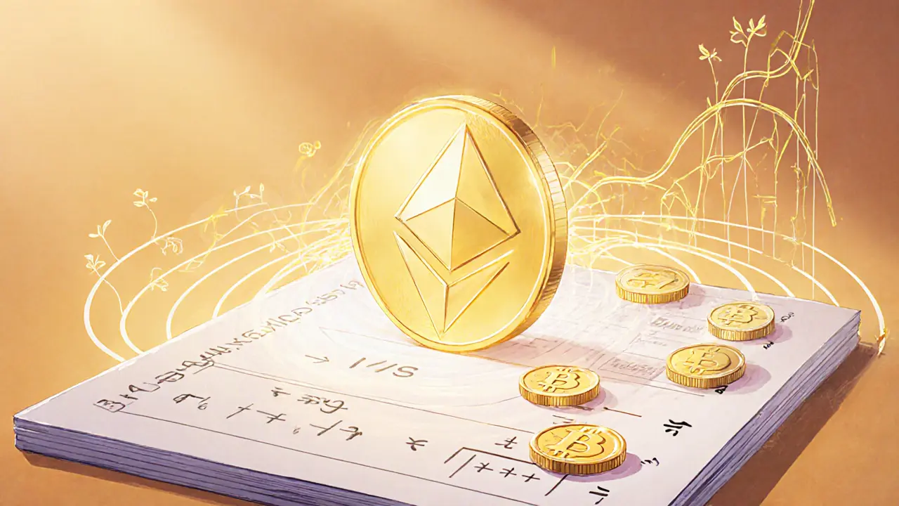 Ethereum token with multiplying coins illustrating compounding growth.