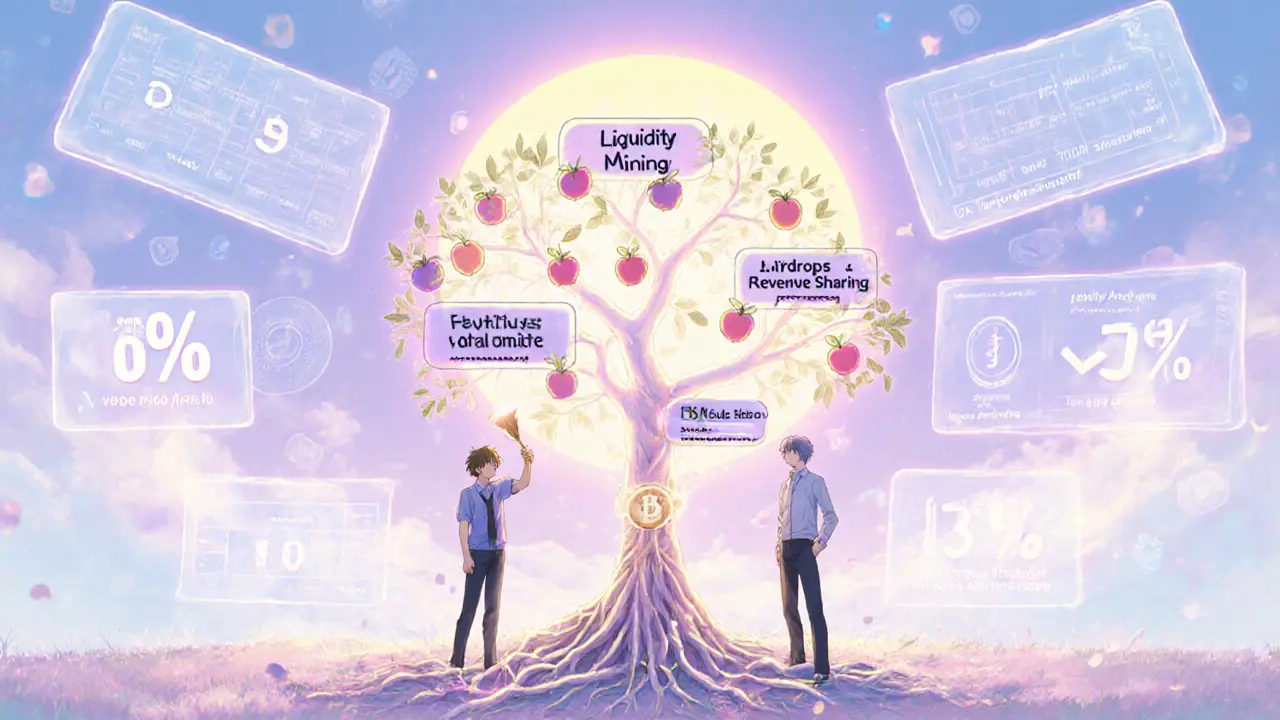 Evolving tree with governance token models as fruits, under a rising sun with vesting roots