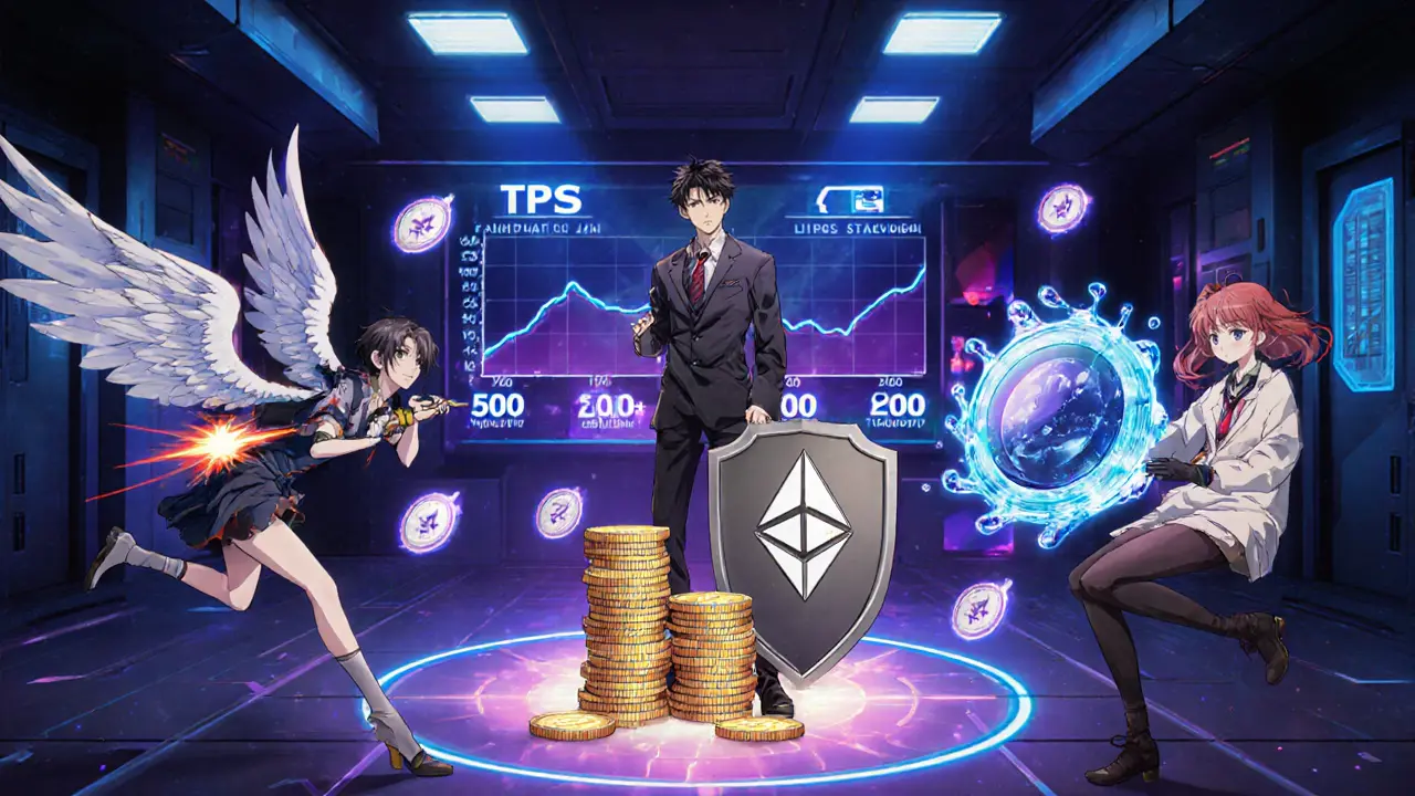 Futuristic control room with characters representing PoS, DPoS, and liquid staking variants.