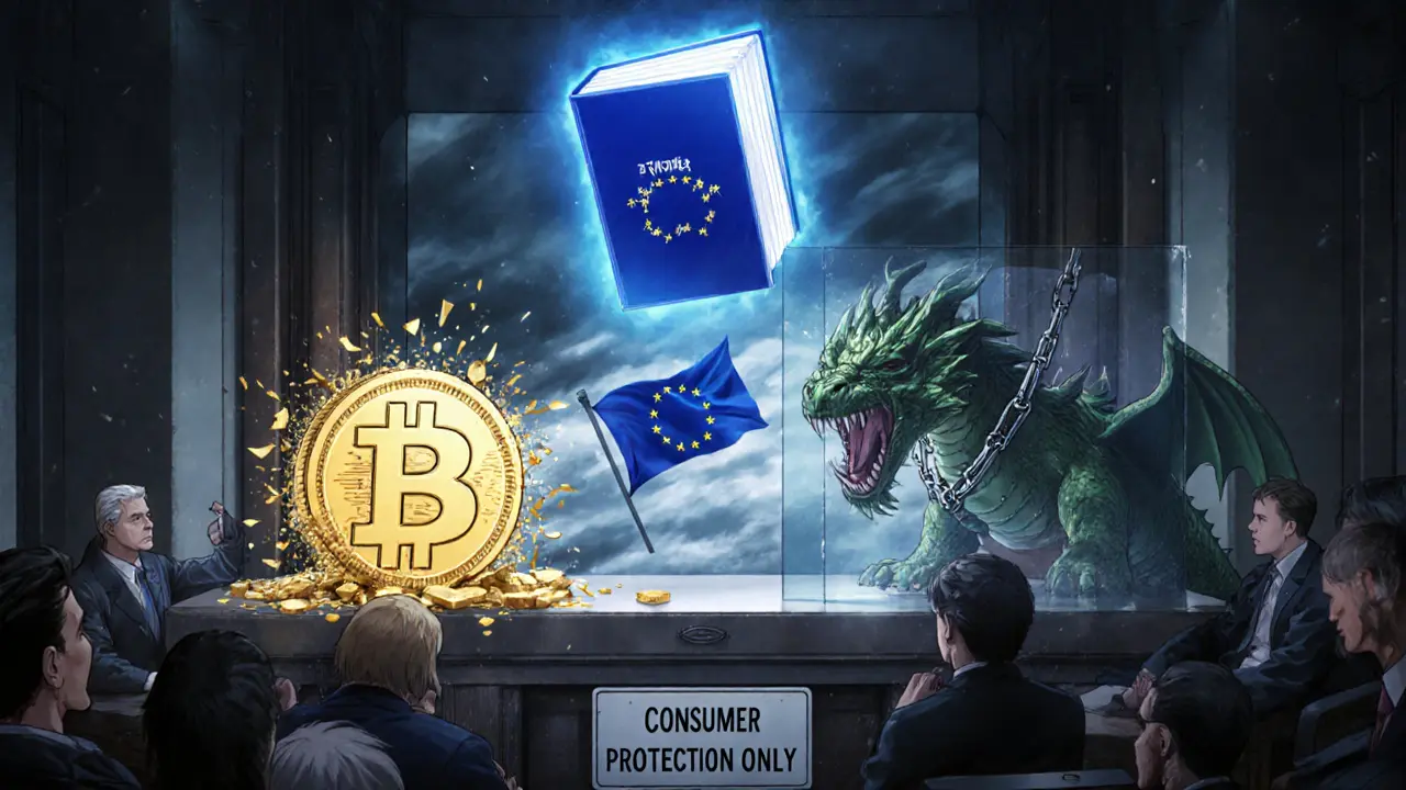 Futuristic EU courtroom with MiCA rulebook and a chained DeFi dragon, symbolizing strict consumer protection.