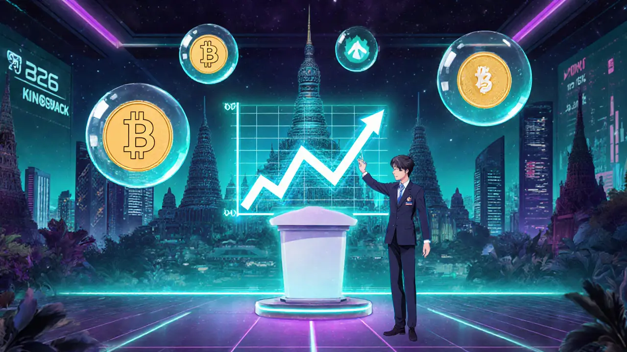 Futuristic Thai exchange shows holographic tokens and rising growth chart.