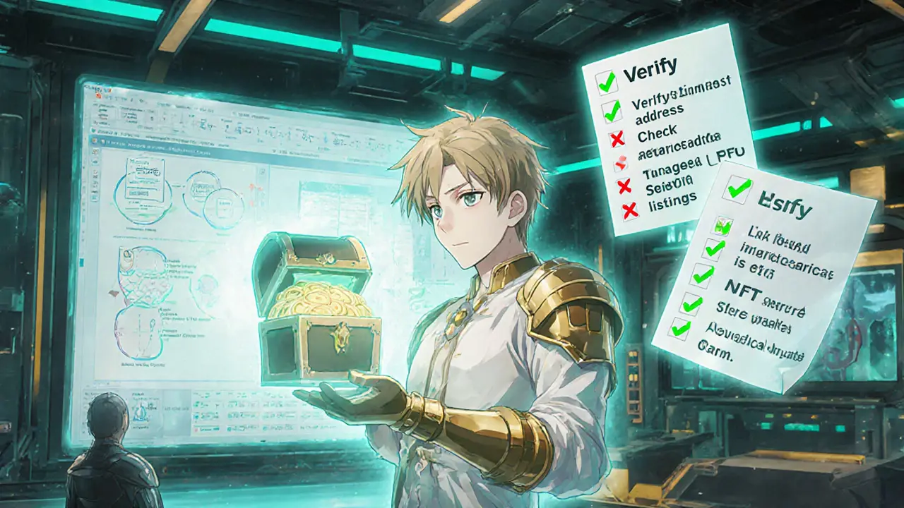 Hero checks a holographic blockchain explorer with a checklist and NFT chest.