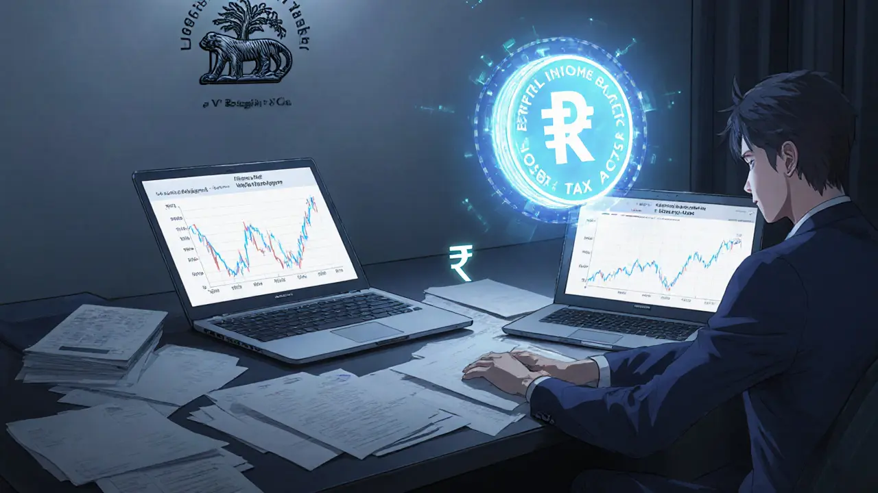 Home office scene with tax forms, crypto icons, and RBI emblem showing tax and regulation details.