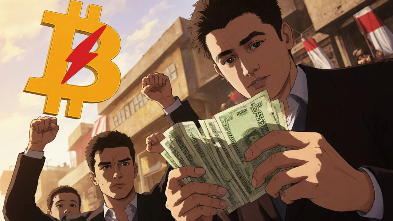 Market protest with devalued dinar notes and Bitcoin symbol