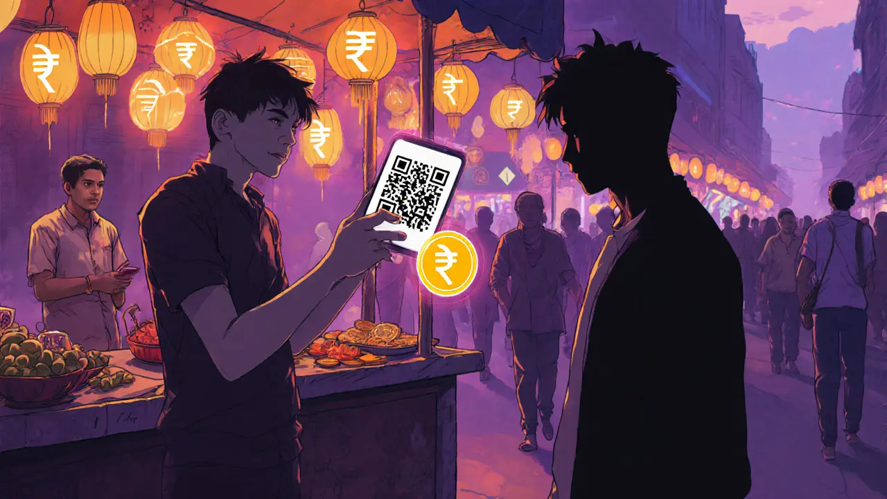 Market stall accepts digital rupee via QR code, contrasting with faded crypto coin, emphasizing legal payment.