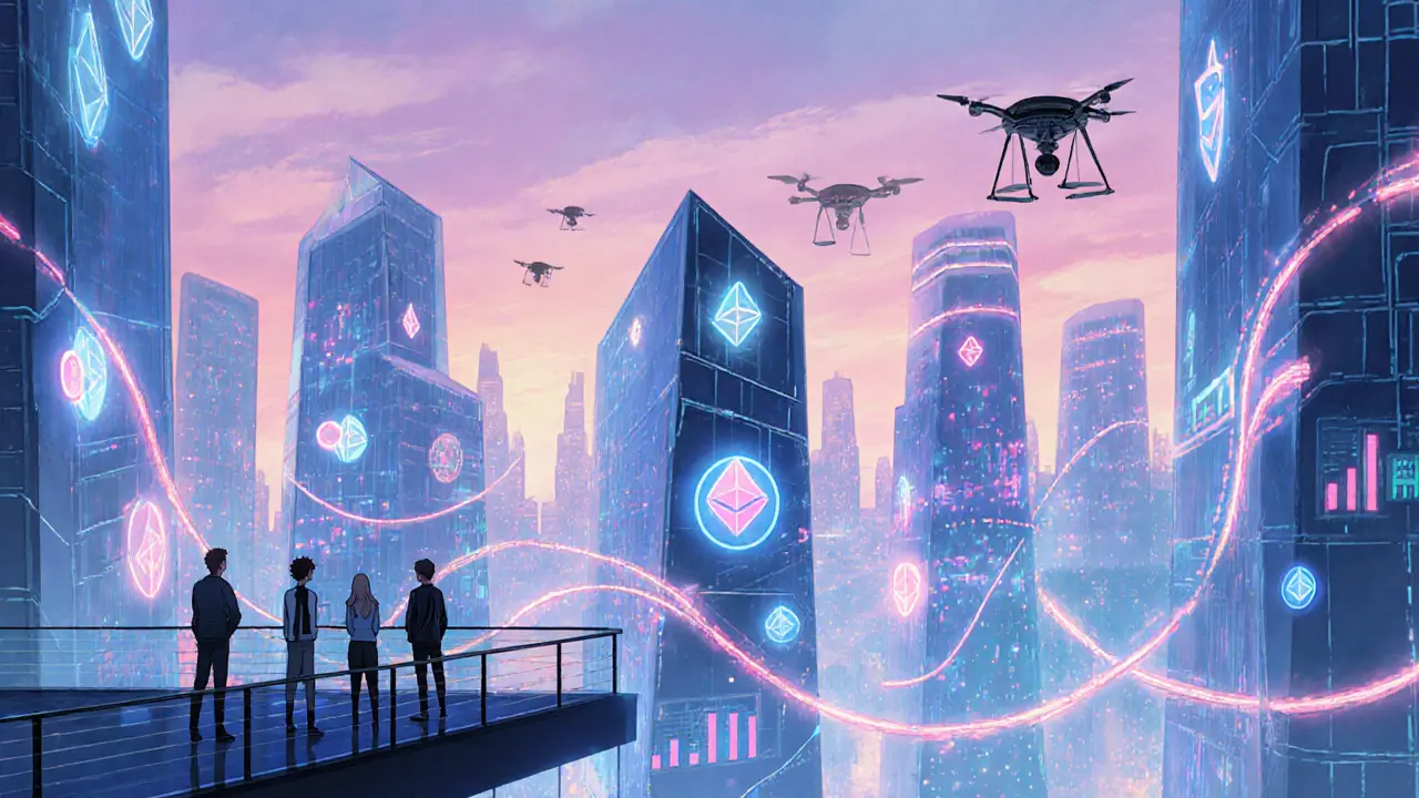 Neon cyber city showing DeFi trader, Layer‑2 engineer, and DAO governor amid glowing tokens.
