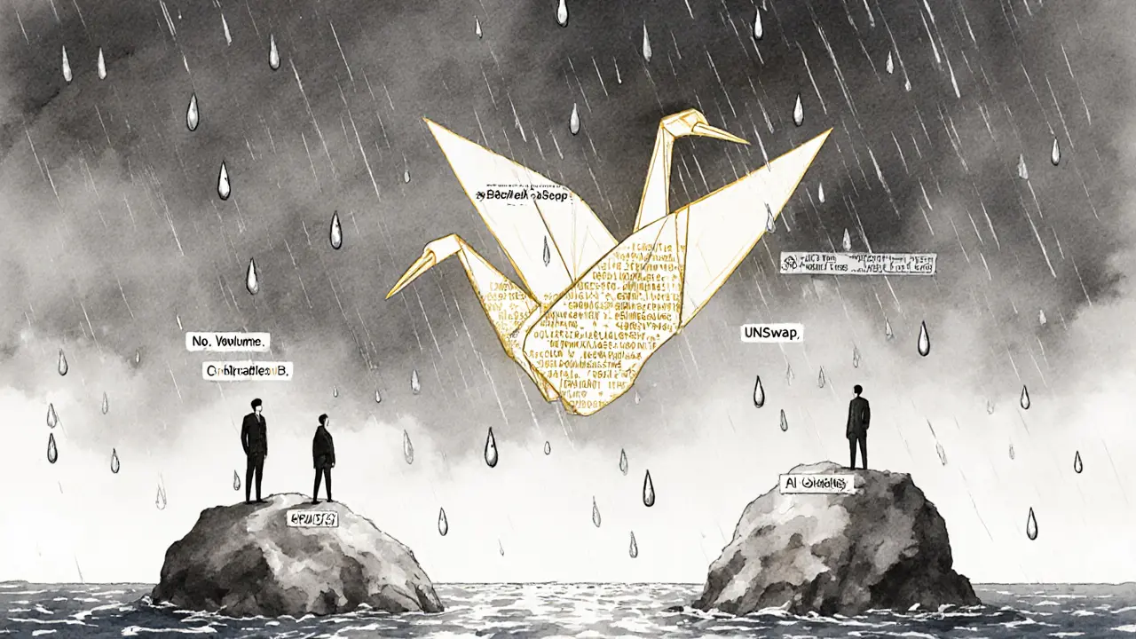 Origami crane made of blockchain code floats alone above large DEX islands, symbolizing OraiDEX&#039;s experimental nature.