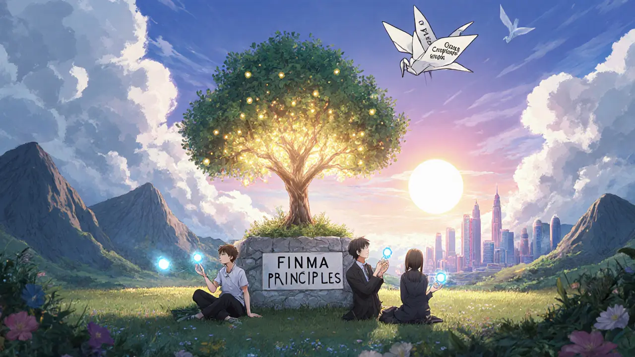 Peaceful Swiss valley with a glowing blockchain tree, diverse characters in harmony under FINMA principles.