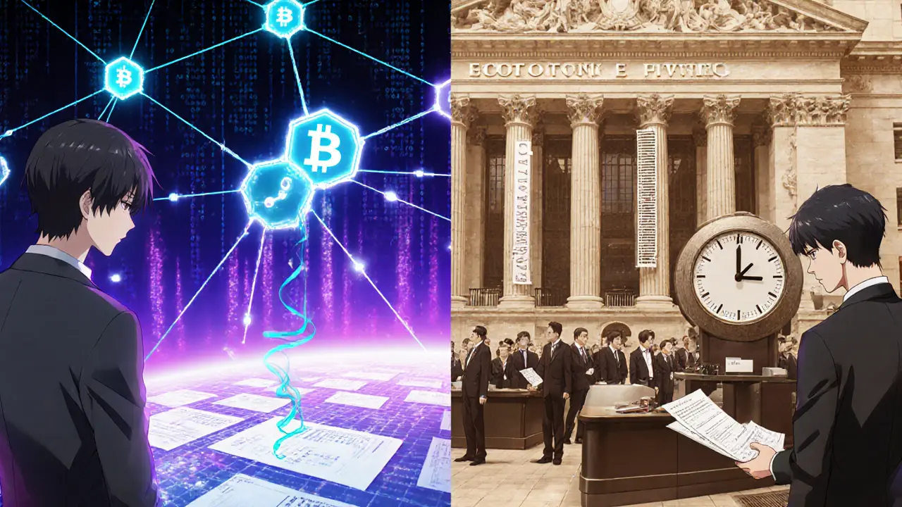 Split view of glowing blockchain network versus traditional stock exchange floor.