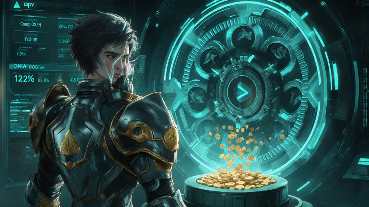 Validator guardian overseeing auto‑compounding gears and fluctuating APY.