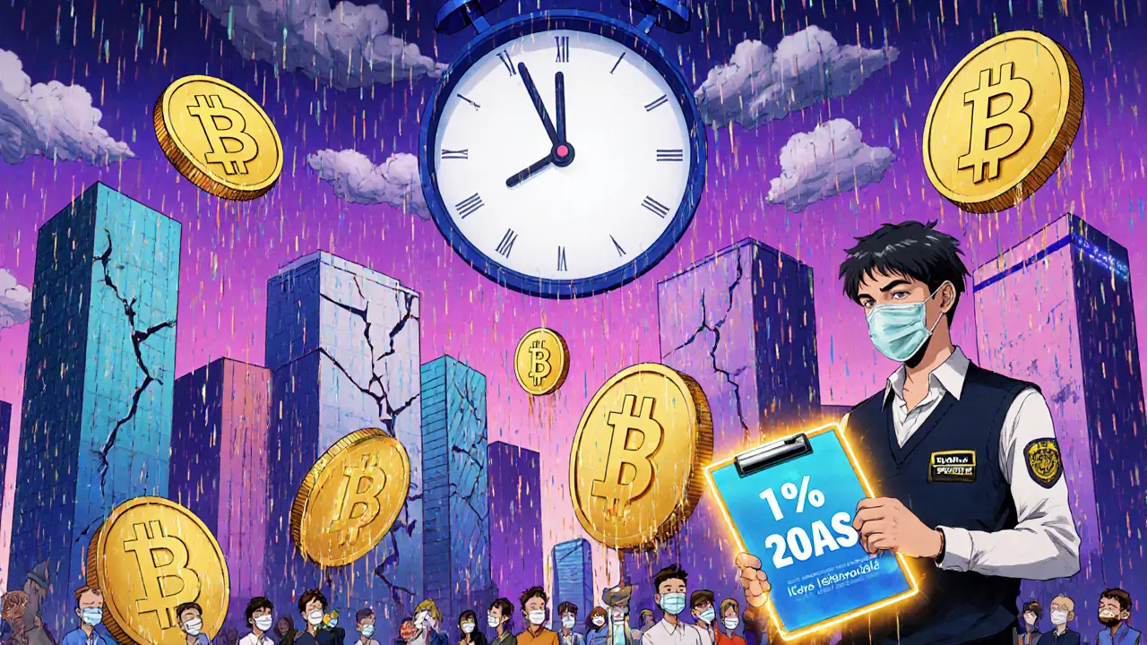 A city made of crypto coins crumbles under 1% TDS rain, as citizens struggle with compliance while tax officials observe.