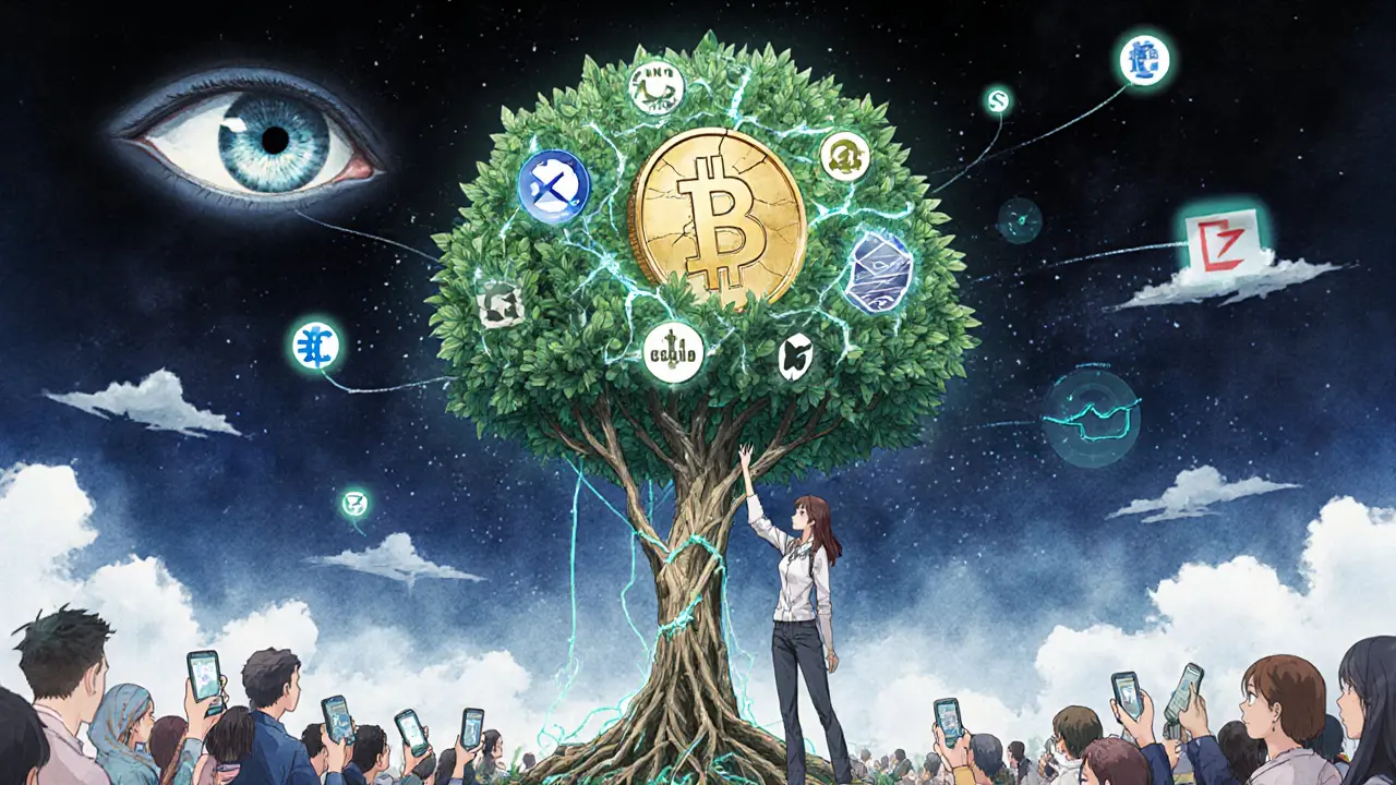 A digital tree growing from a broken lira coin, rooted in crypto networks, with USDT leaves and people harvesting stablecoins under a watchful eye.