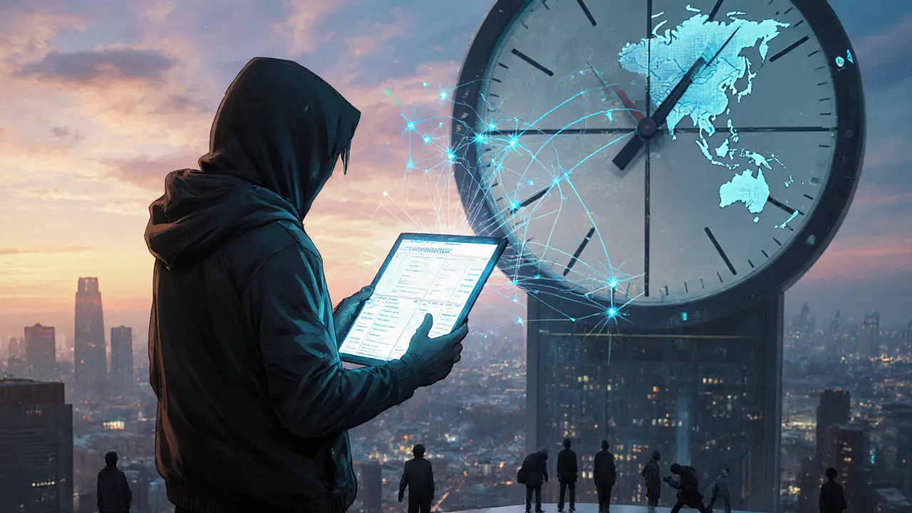 A figure atop a building watching a countdown to January 1, 2027, as global crypto tax networks glow around them.