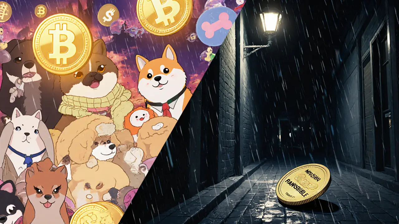 A forgotten MISSION PAWSIBLE token lies abandoned in a rainy alley while vibrant pet-themed crypto projects glow warmly nearby.