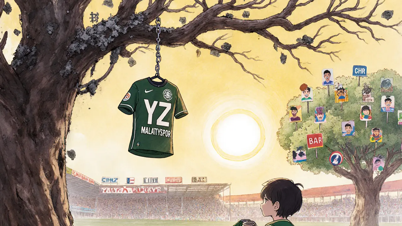 A forgotten YMS token hangs as ash on a blockchain tree, while a child walks toward a real stadium with a jersey.